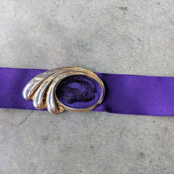 Vintage 80s Gold Purple Enamel Swirl Buckle Wide Stretch Belt one size - Picture 1 of 7